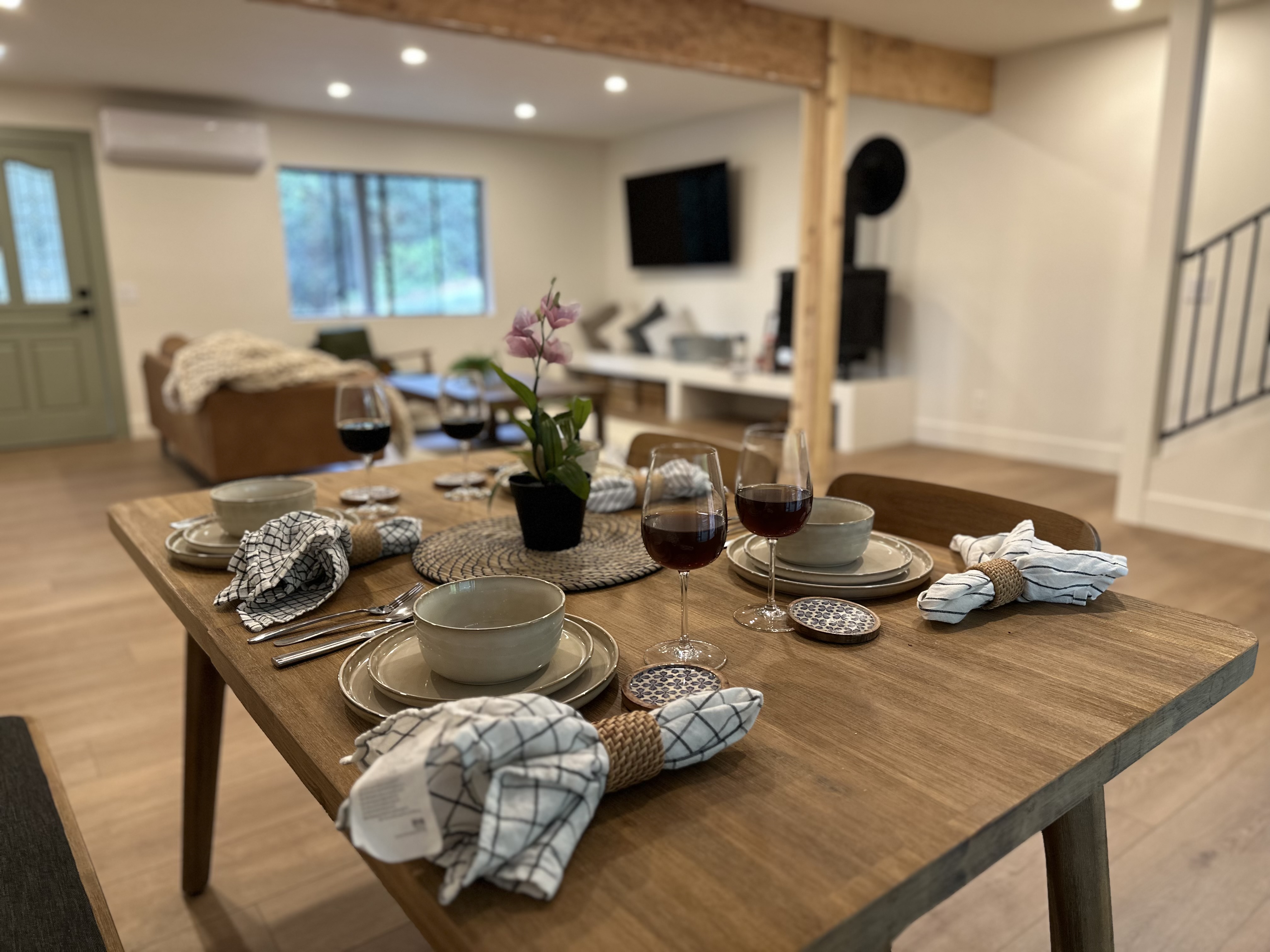 Dining table set for dinner