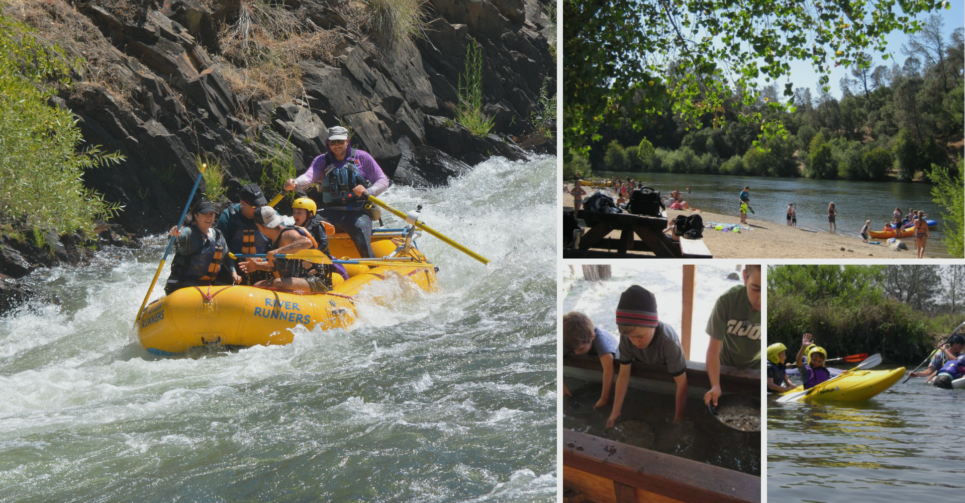 A collage of family river rafting, the swimming beach, gold panning, and kids kayaking near Lotus