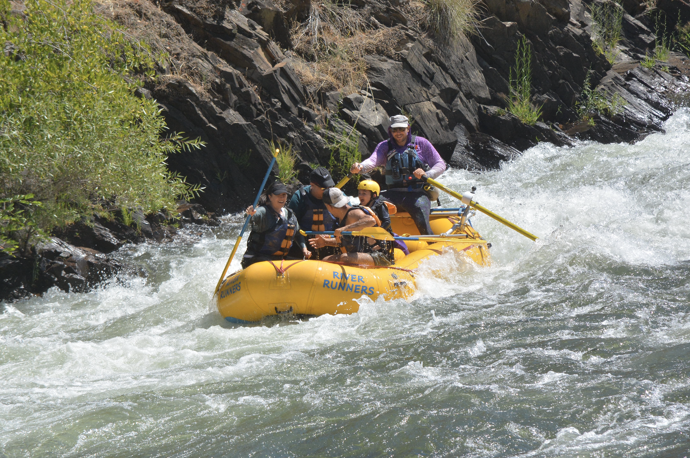 A family paddle crew running whitewater on the American River
