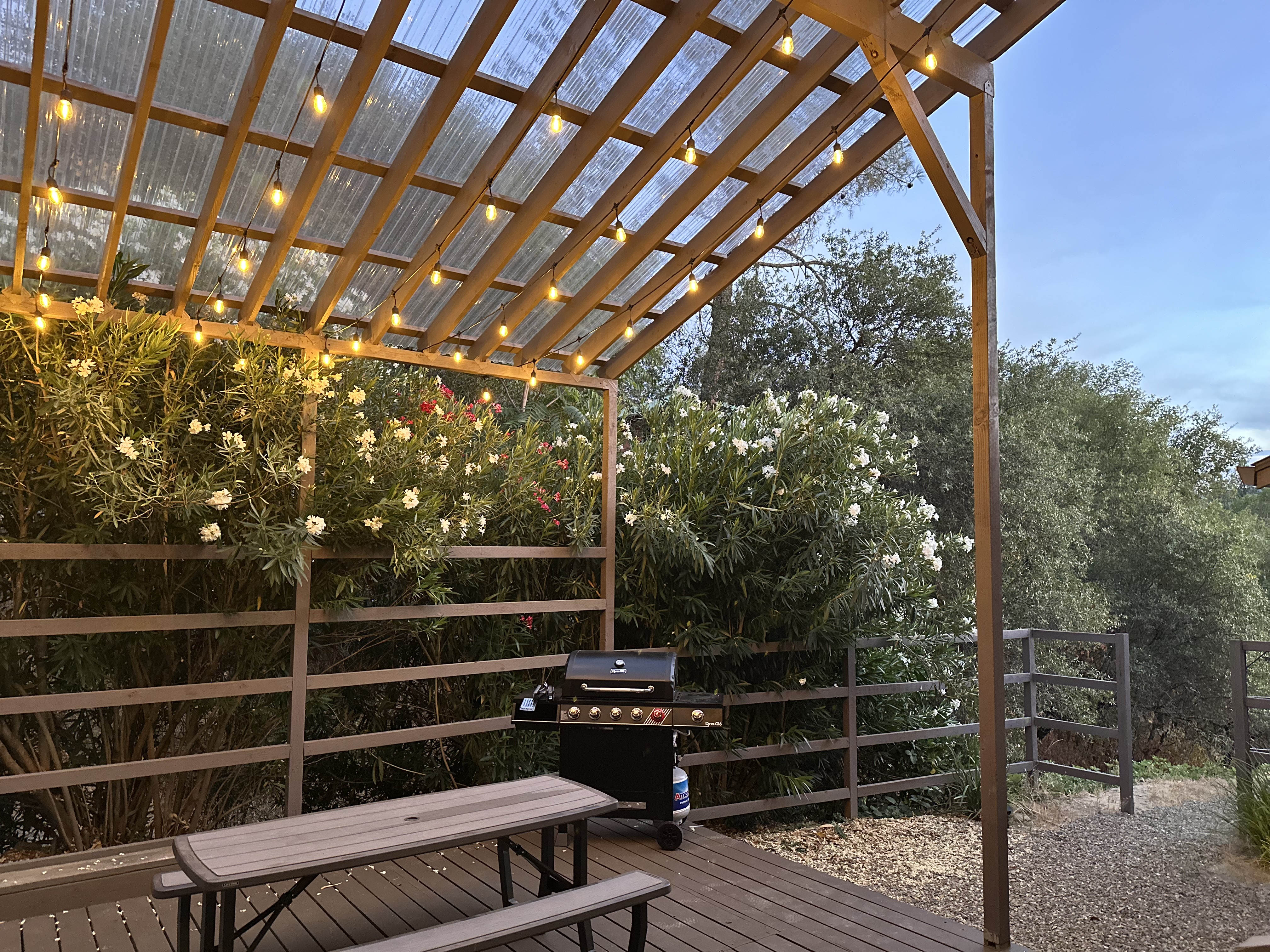 String-lit pergola at dusk