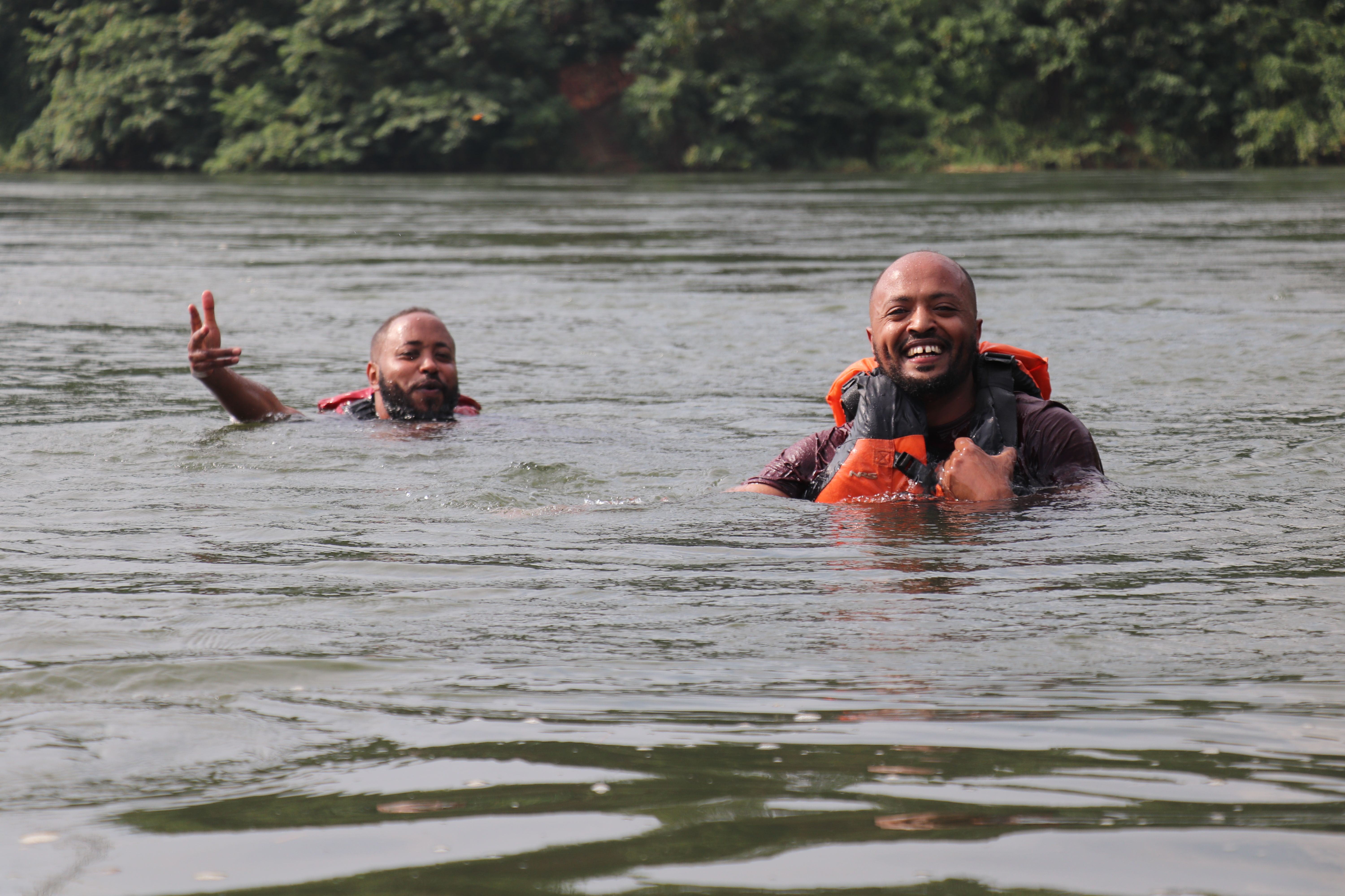 Swimmers cooling off in the American River